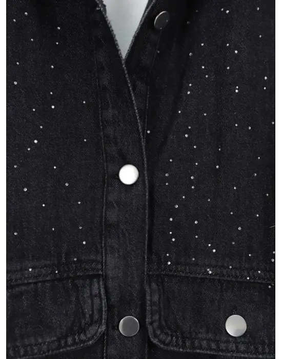 Serpme Taş Detaylı Kapaklı Cepli Kot Ceket -Siyah