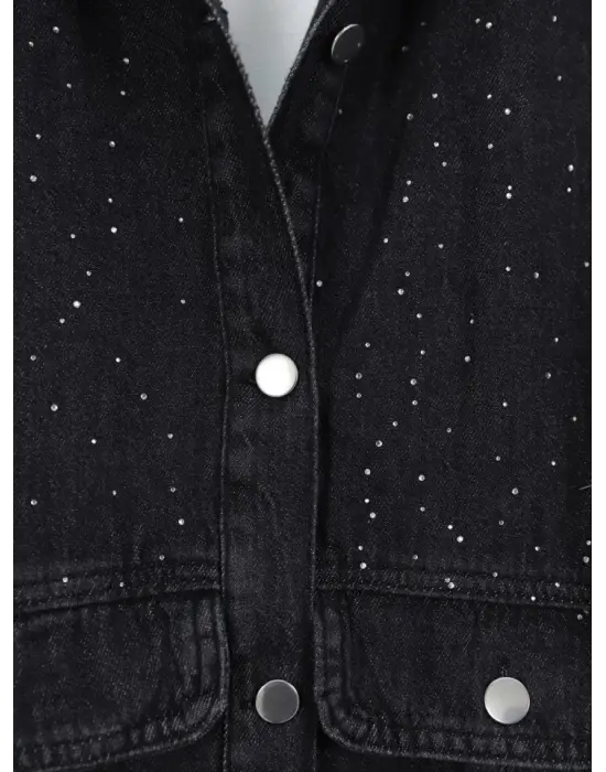 Omarı Serpme Taş Detaylı Cepli Kot Ceket - Siyah