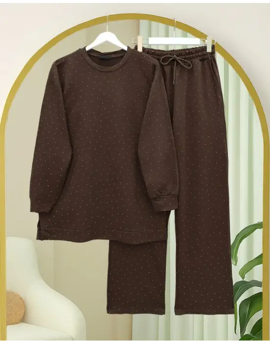 Serpme Taş Detaylı Pantolonlu Benorraho Takım  -Kahve