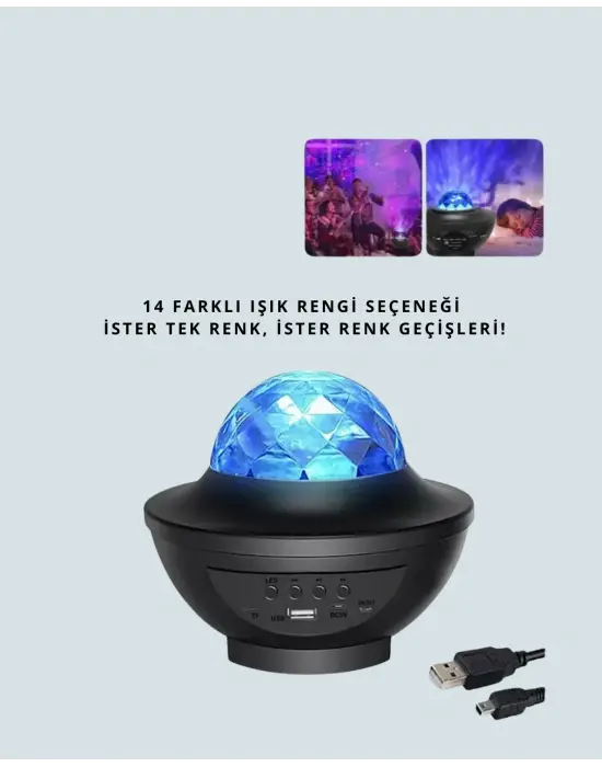 Sesle Etkileşimli Yıldız Projektörlü Gece Lambası – Bluetooth Hoparlörlü, Usb Girişli, Dönen Okyanus