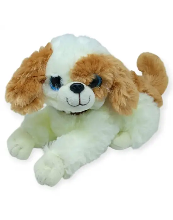 Sesli Peluş Yatan Köpek 25 cm - Beyaz Kahve