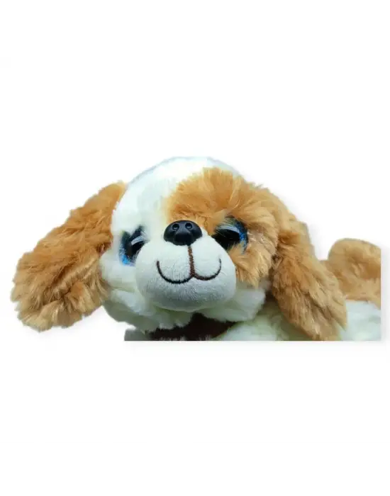 Sesli Peluş Yatan Köpek 25 cm - Beyaz Kahve