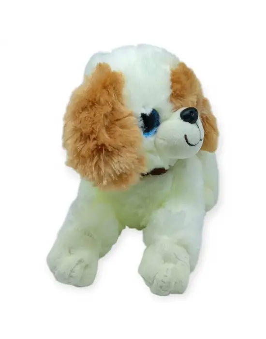 Sesli Peluş Yatan Köpek 25 cm - Beyaz Kahve