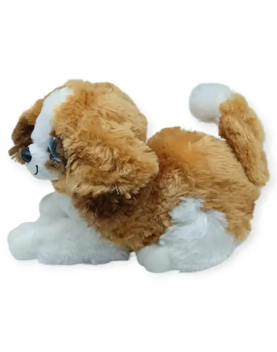 Sesli Peluş Yatan Köpek 25 cm - Kahve Beyaz