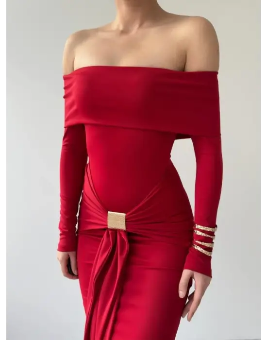 Omarı Siyah Taş Detaylı Straplez Elbise