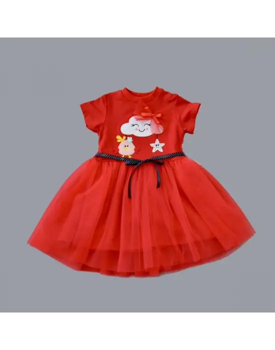 Omarı Tül Tokalı Kırmızı Kız Bebek Elbisesi