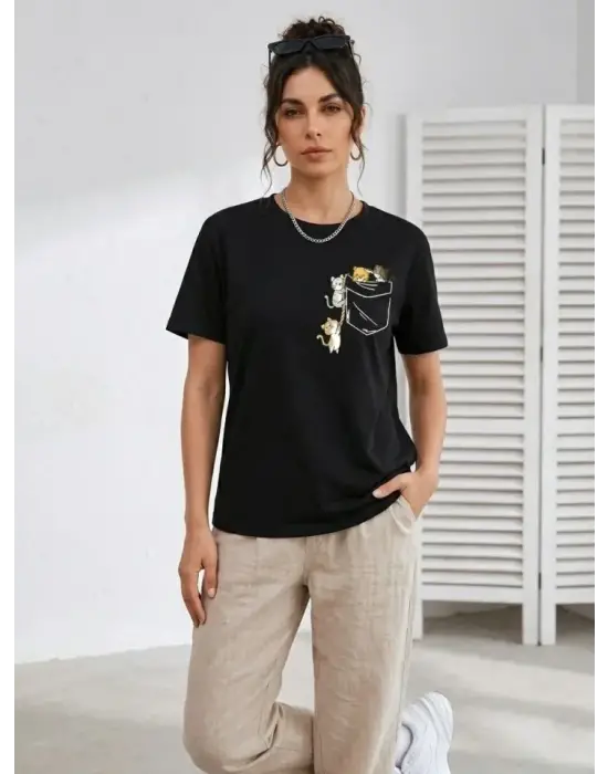 Sevimli Kedi Cep Baskılı Tişört Kısa Kol Yazlık T-Shirt - Siyah