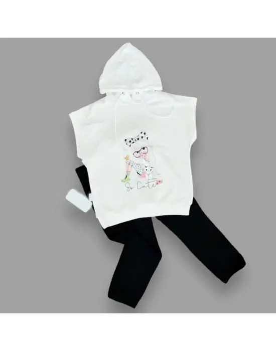 Omarı Sevimli Kapşonlu Kız Erkek Çocuk Takımı Siyah