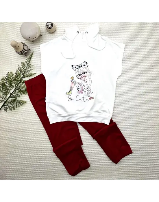 Omarı Sevimli Kız Baskılı Kapşonlu Çocuk Takımı