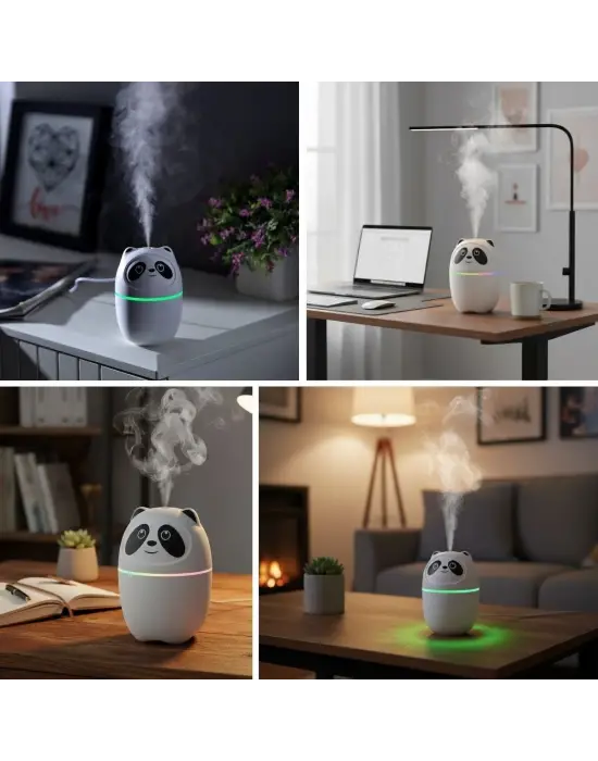 Sevimli Panda Figürlü Hava Nemlendirici – Ultrasonik Soğuk Buhar Makinesi, LED Işıklı Masaüstü Oda Nemlendirici