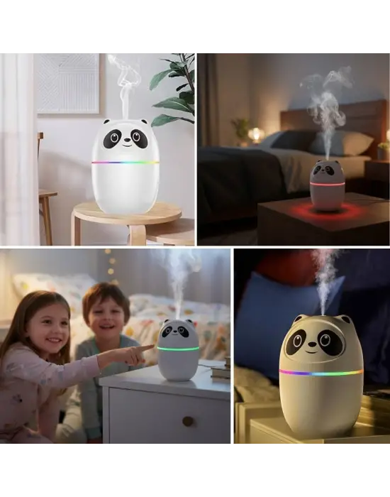 Sevimli Panda Figürlü Hava Nemlendirici – Ultrasonik Soğuk Buhar Makinesi, LED Işıklı Masaüstü Oda Nemlendirici