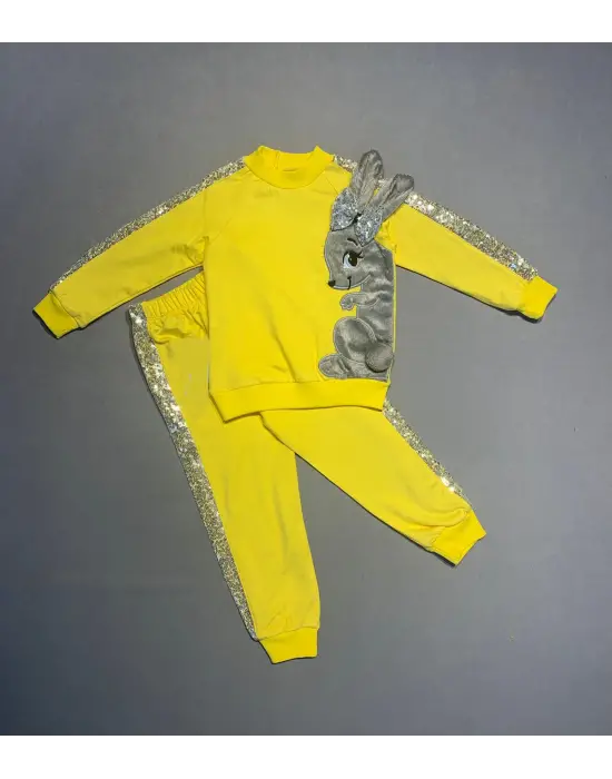 Omarı Payetli Tavşan Desenli Kız Çocuk 2li Takım Sarı