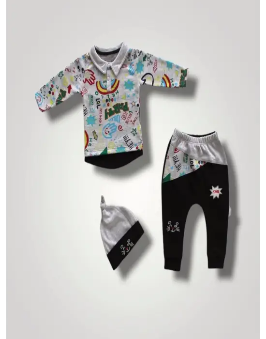 Omarı Şirin Kedi Nakışlı Bebek Sweat Takımı Siyah