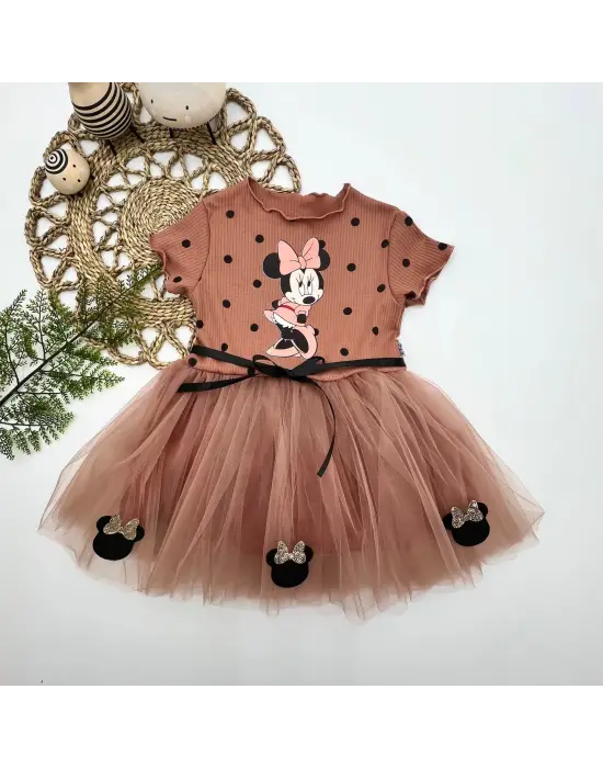 Omarı Puantiyeli Mickey Baskılı Tütü Elbisesi Kahverengi