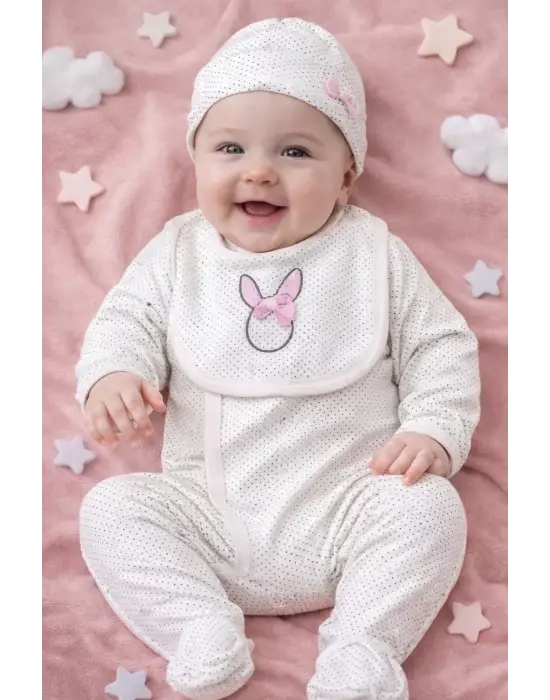 Sevimli Tavşan Desenli Kız Bebek 4’lü Tulum Seti