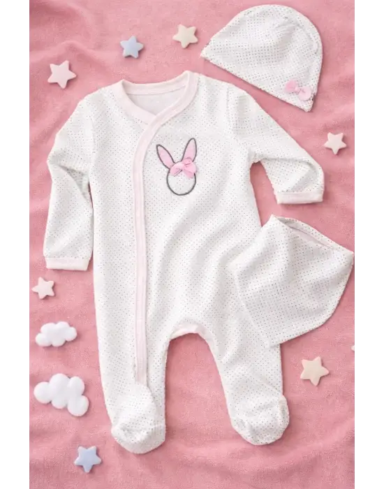 Sevimli Tavşan Desenli Kız Bebek 4’lü Tulum Seti