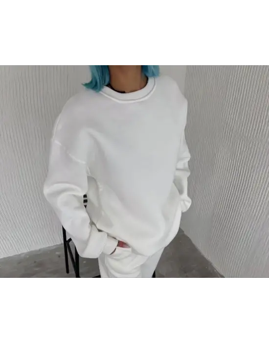 Omarı Sıcak Tutucu Bisiklet Yaka Sweatshirt - Beyaz