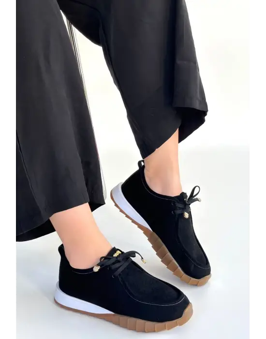 Sier Siyah Süet Bağcıklı Spor Ayakkabı