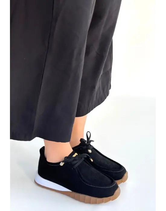 Sier Siyah Süet Bağcıklı Spor Ayakkabı