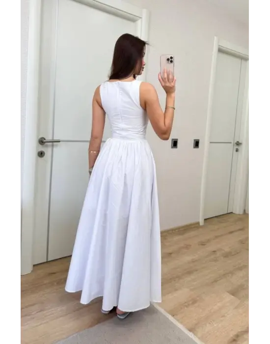 Sifir Kol Beli Oturtmalı Kolsuz Uzun Elbise - Beyaz