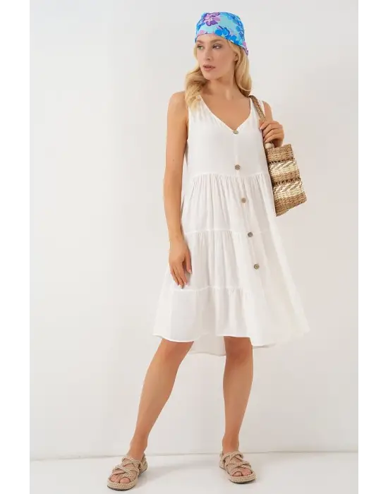 Sıfır Kol Düğmeli Kısa Elbise 2571 - Beyaz