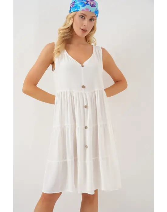 Sıfır Kol Düğmeli Kısa Elbise 2571 - Beyaz