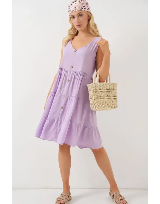 Zarif Düğmeli Kısa Elbise - Lila