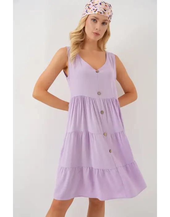Zarif Düğmeli Kısa Elbise - Lila