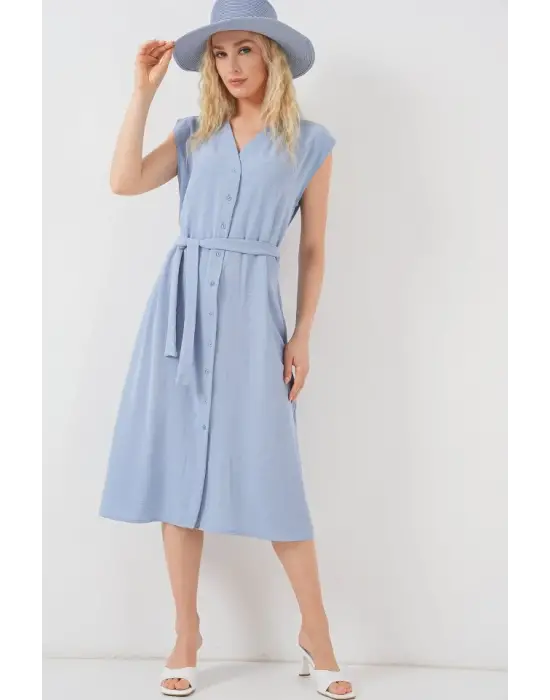 Sıfır Kol Kuşaklı Ayrobin Elbise 2568 - Mavi