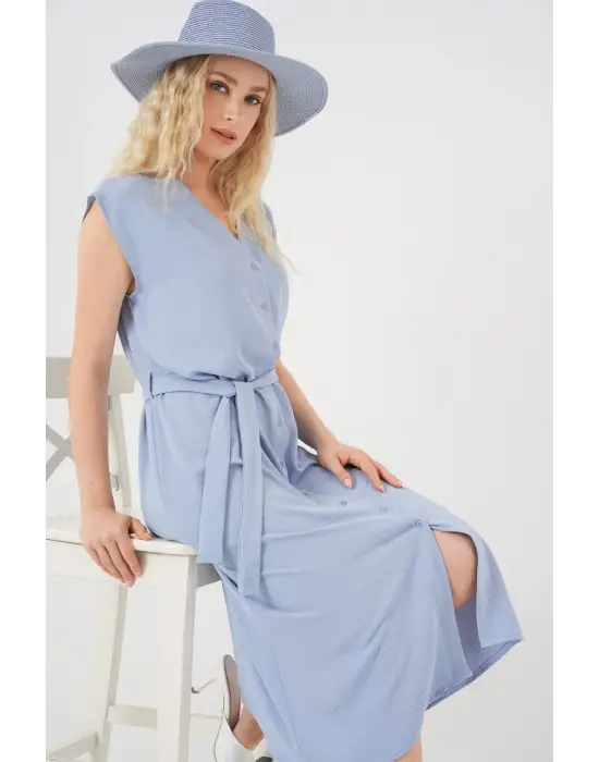Sıfır Kol Kuşaklı Ayrobin Elbise 2568 - Mavi