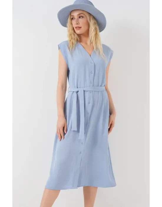 Sıfır Kol Kuşaklı Ayrobin Elbise 2568 - Mavi