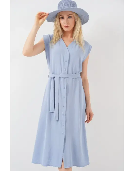 Sıfır Kol Kuşaklı Ayrobin Elbise 2568 - Mavi