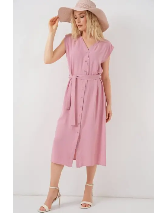 Sıfır Kol Kuşaklı Ayrobin Elbise 2568 - Pudra