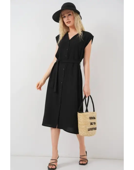 Sıfır Kol Kuşaklı Ayrobin Elbise 2568 - Siyah