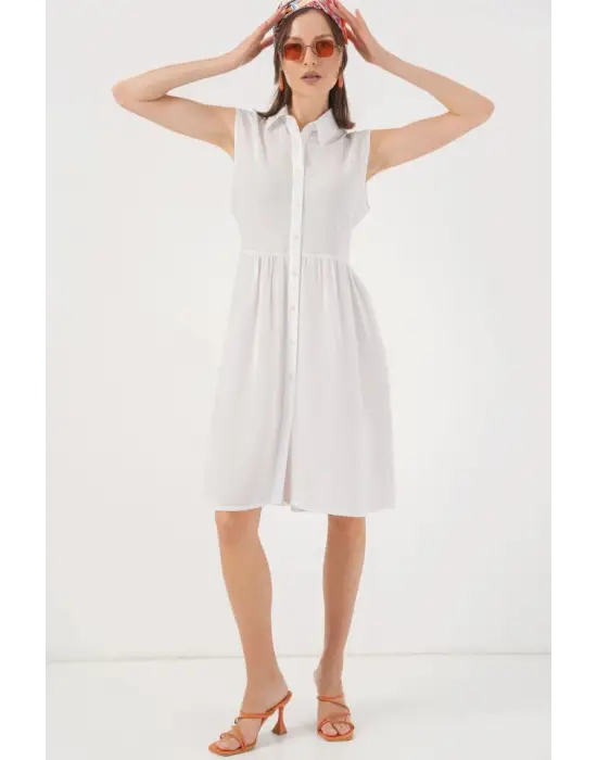 Sıfır Kol Midi Elbise 2563 - Beyaz