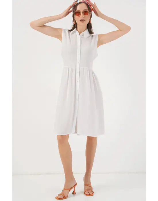 Sıfır Kol Midi Elbise 2563 - Beyaz