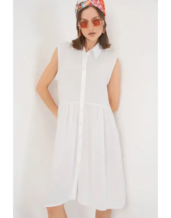 Sıfır Kol Midi Elbise 2563 - Beyaz