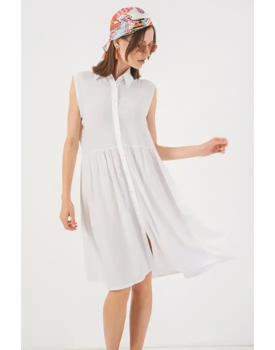 Sıfır Kol Midi Elbise 2563 - Beyaz