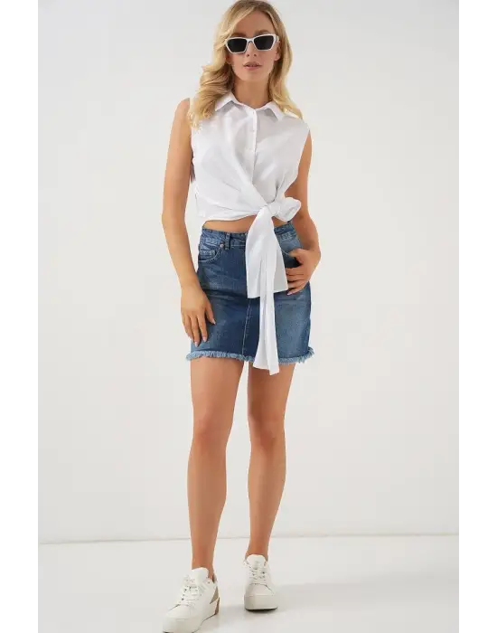 Sıfır Kol Önü Bağlamalı Gömlek 20340 - Beyaz