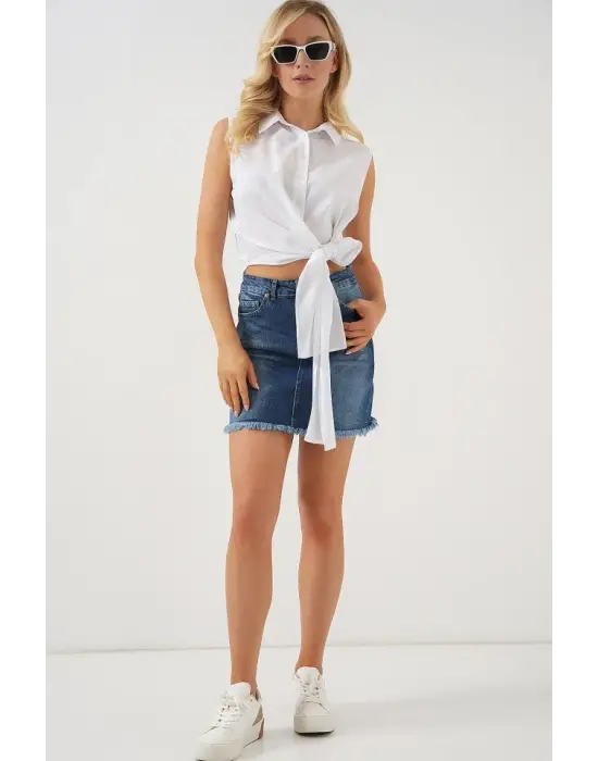 Sıfır Kol Önü Bağlamalı Gömlek 20340 - Beyaz