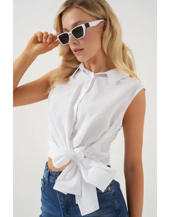 Sıfır Kol Önü Bağlamalı Gömlek 20340 - Beyaz