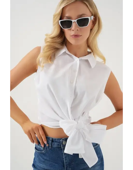 Sıfır Kol Önü Bağlamalı Gömlek 20340 - Beyaz