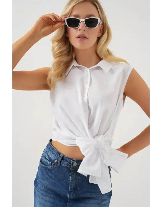 Sıfır Kol Önü Bağlamalı Gömlek 20340 - Beyaz