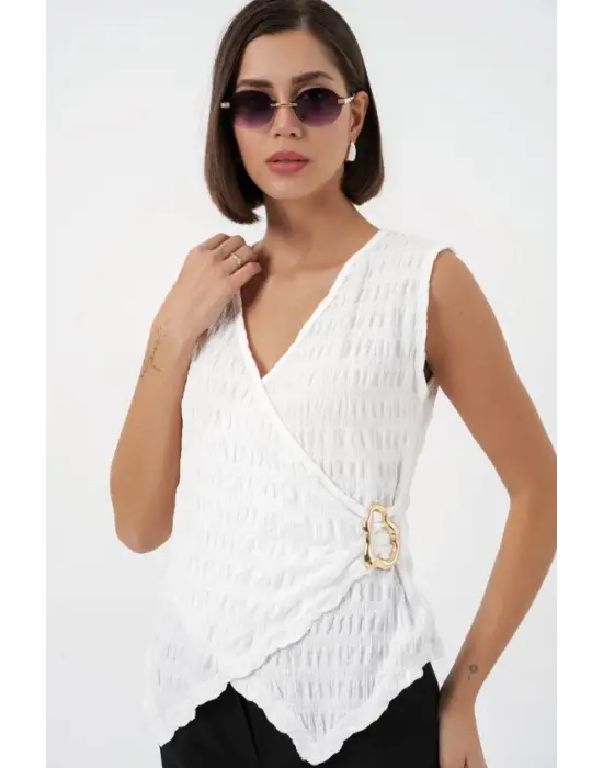 Sıfır Kol Örme Bluz 988 - Beyaz