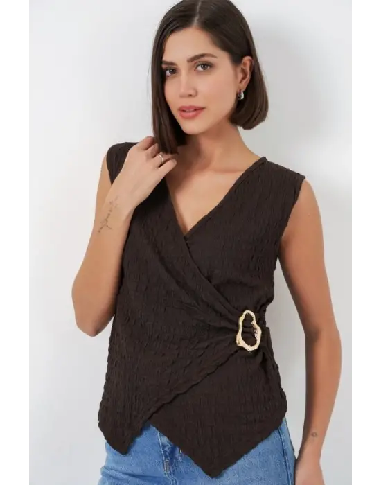 Sıfır Kol Örme Bluz 988 - Kahverengi