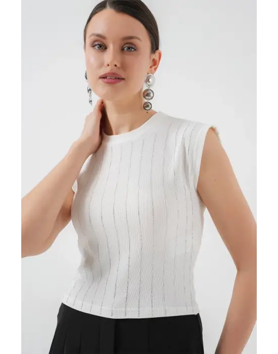 Sıfır Kol Taşlı Bluz 931 - Beyaz
