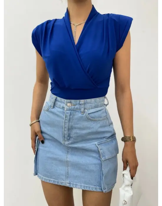 Omarı Yaz Modası Vatkalı Kruvaze Sandy Bluz - Saks