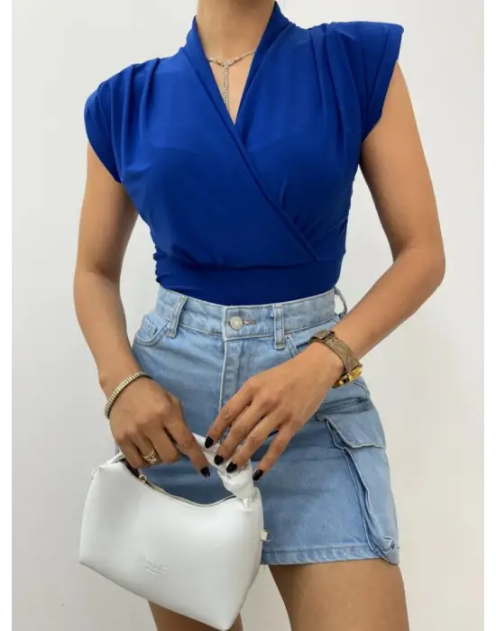 Omarı Yaz Modası Vatkalı Kruvaze Sandy Bluz - Saks