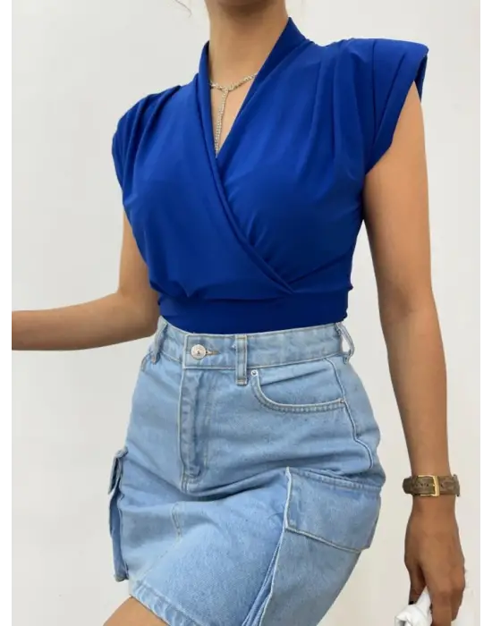 Omarı Yaz Modası Vatkalı Kruvaze Sandy Bluz - Saks