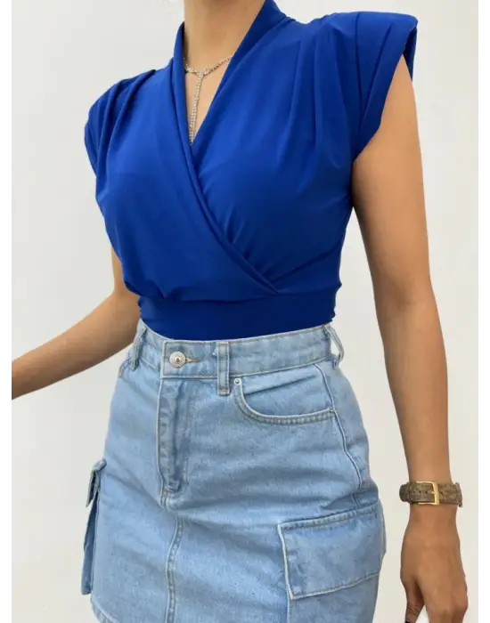 Omarı Yaz Modası Vatkalı Kruvaze Sandy Bluz - Saks